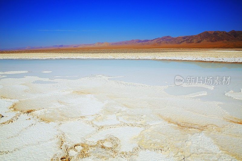 Baltinache的Lagunas escondidas - Baltinache和Atacama salar flats - Turquoise salt lakes mirrored reflection and田诗化的阿塔卡马沙漠，火山景观全景- San Pedro de Atacama，智利，Bolívia和阿根廷边境